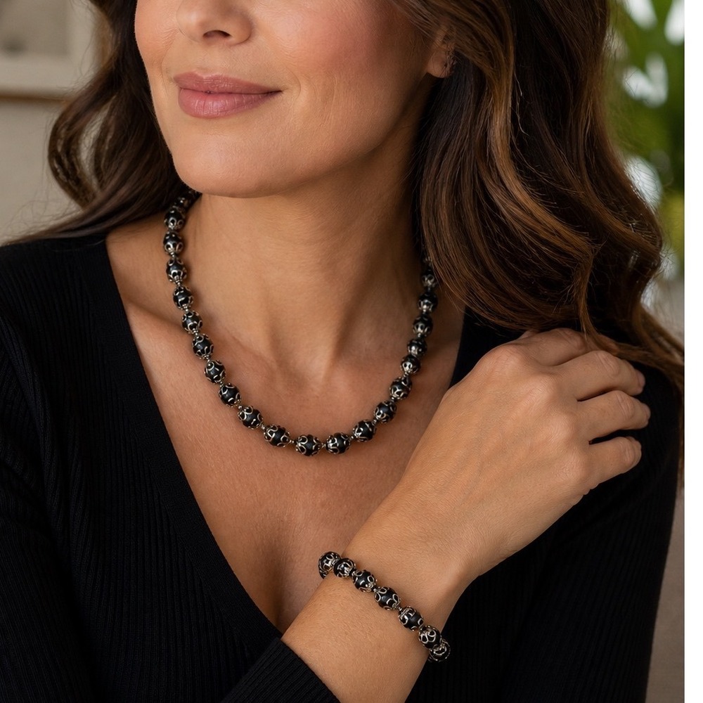 Black Filigree Beaded Necklace and Bracelet Set Silver Tone Ornate Jewelry